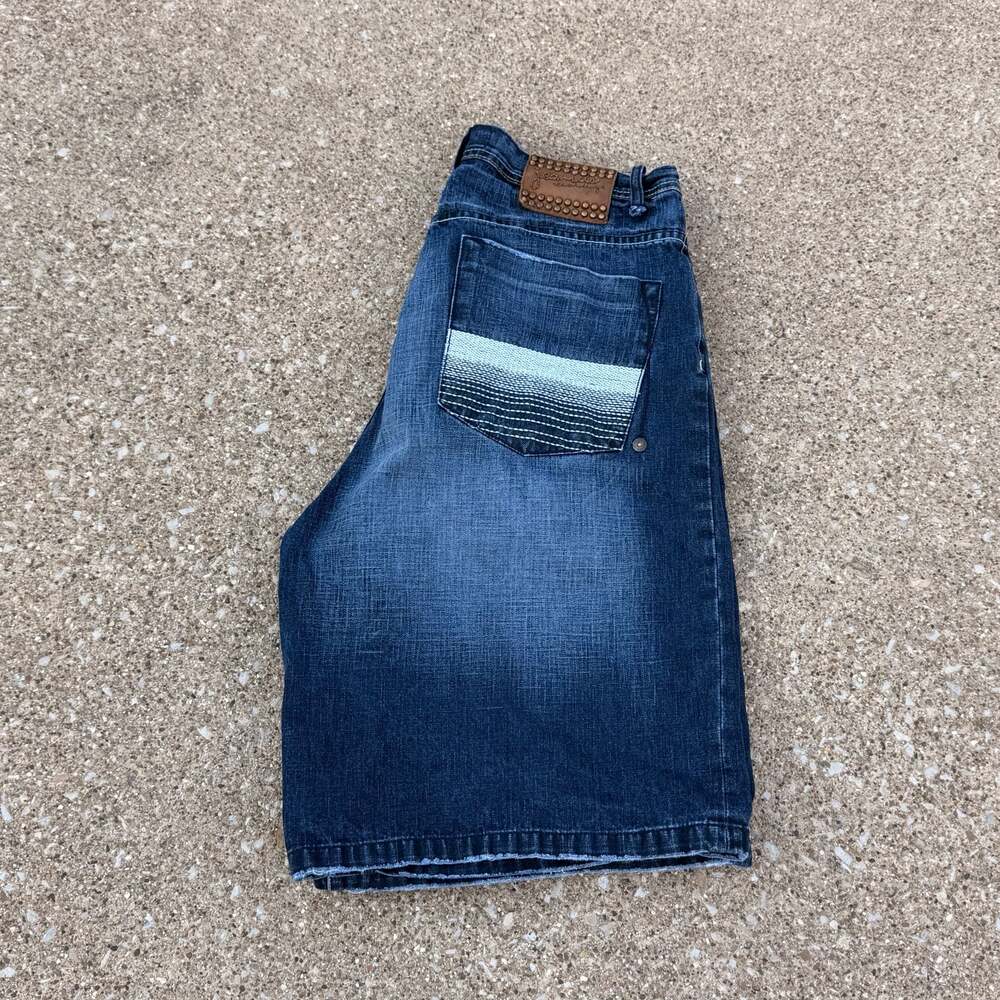 Akademiks Vintage Y2K Baggy Denim Jorts with Gradient Embroidered Pockets